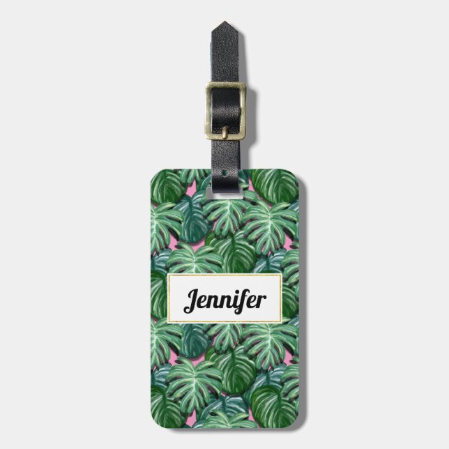 Étiquette À Bagage Motif exotique Feuille tropical vert (Devant Vertical)