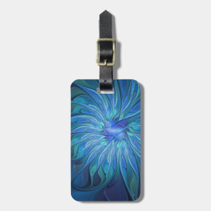 Étiquette À Bagage Motif fantaisie fleur bleue, art fractal abstrait