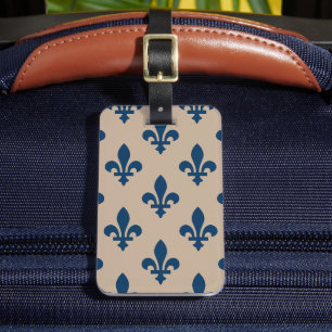 Étiquette À Bagage Motif Fleur de Lis, Bleu Royal Français sur Crème