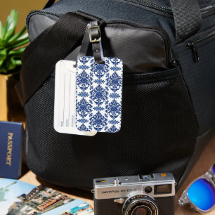 Étiquette À Bagage Motif floral baroque bleu royal et blanc de luxe