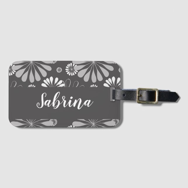 Étiquette À Bagage Motif floral blanc et gris (Devant Horizontal)