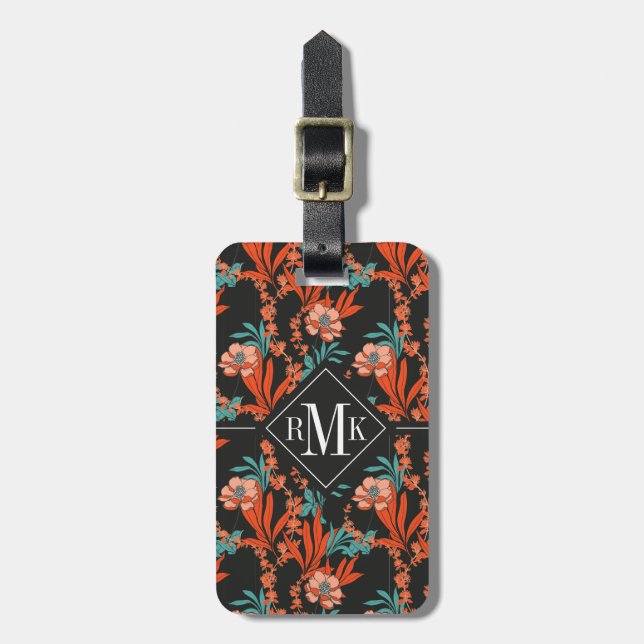 Étiquette À Bagage Motif floral d'abrégé sur orange du monogramme | (Devant Vertical)