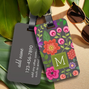 Étiquette À Bagage Motif floral gris tendance avec Monogramme personn
