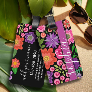 Étiquette À Bagage Motif floral noir à la mode avec le monogramme