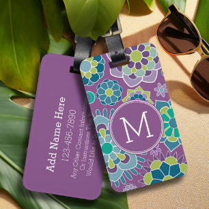 Étiquette À Bagage Motif Floral violet coloré Monogramme personnalisé