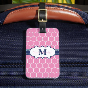 Étiquette À Bagage Motif géométrique à monogramme rose et marine