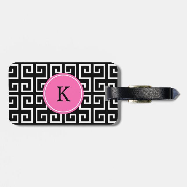 Étiquette À Bagage Motif géométrique monographique noir, blanc, rose (Dos horizontal)