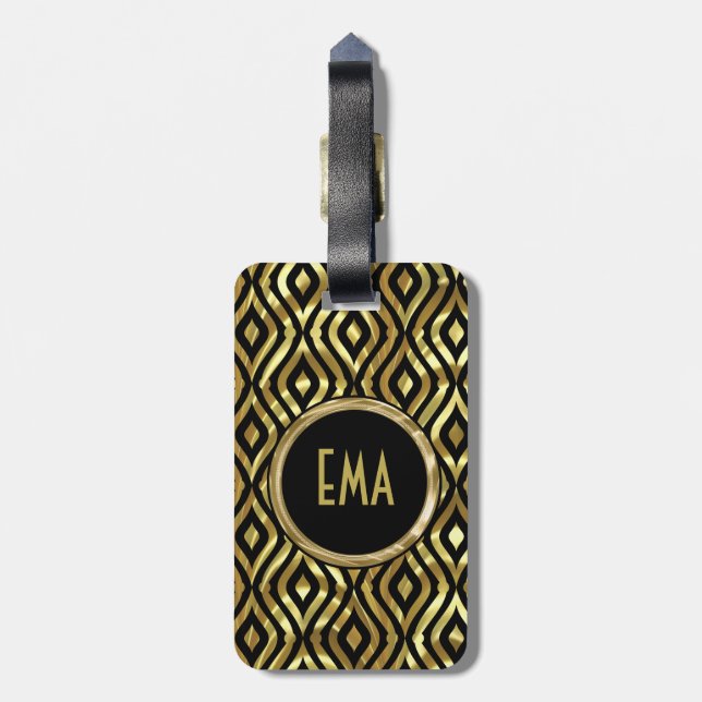 Étiquette À Bagage Motif Géométrique Noir Et Métallique (Dos Vertical)