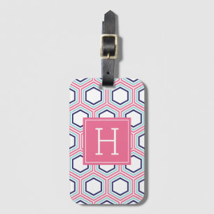 Étiquette À Bagage Motif géométrique rose et bleu Monogramme