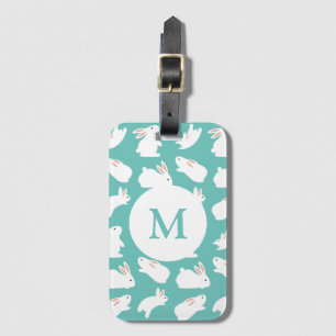 Étiquette À Bagage Motif lapin mou sur Monogramme Turquoise