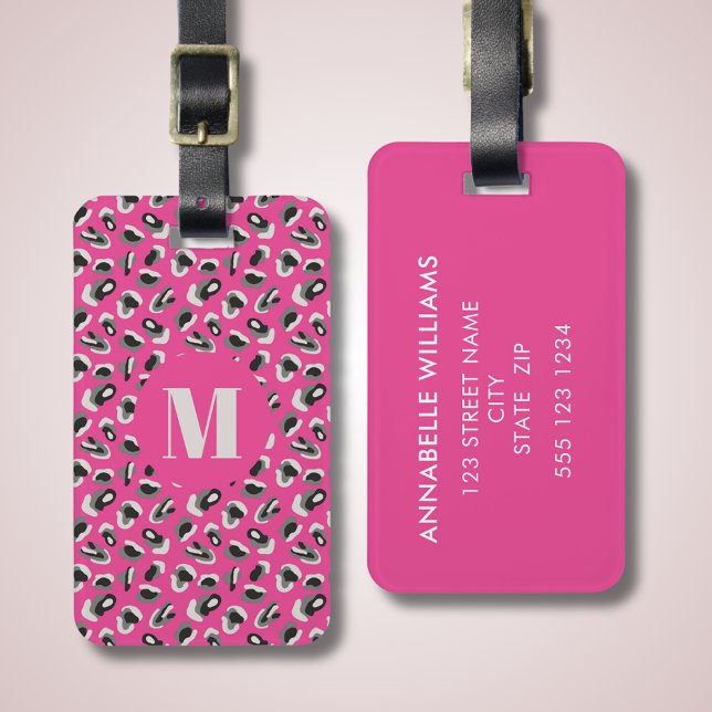 Étiquette À Bagage motif léopard rose poster de animal (Hot pink animal print monogram luggage tag with personalized contact details to reverse.)