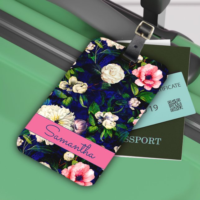 Étiquette À Bagage Motif monogramme bleu fleuri rose (Créateur téléchargé)