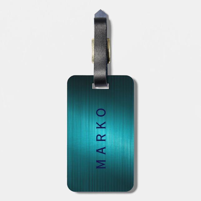 Étiquette À Bagage Motif-Monogramme en métal bleu turquoise (Dos Vertical)