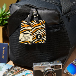 Étiquette À Bagage Motif Monogramme Rayures de Tigre Noir Orange