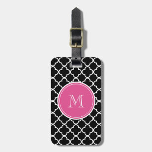 Étiquette À Bagage Motif noir de Quatrefoil, monogramme de roses