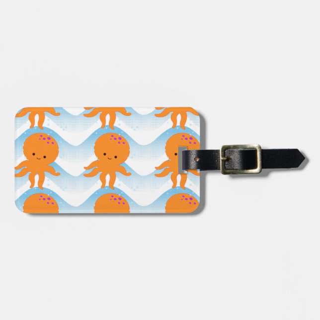 Étiquette À Bagage Motif Octopus Orange Et Vagues Bleues (Devant horizontal)