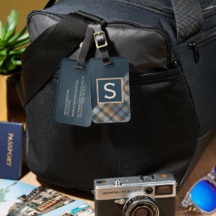 Étiquette À Bagage Motif Plaid Turquoise en bande bleu foncé personna