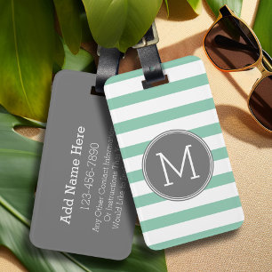 Étiquette À Bagage Motif rayé gris et menthe avec Monogramme