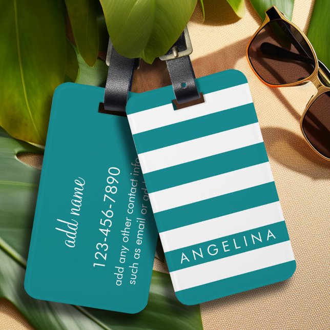 Étiquette À Bagage Motif rayé moderne Nom personnalisé - Bleu Blanc (Personalized Luggage tag)