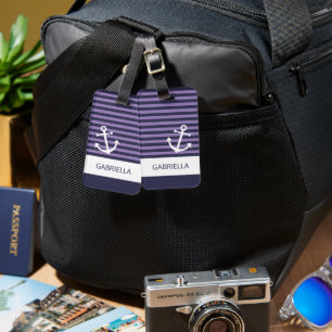 Étiquette À Bagage Motif rayé personnalisé lavande violet marine