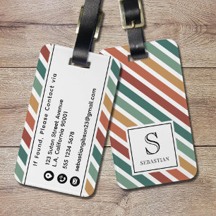 Étiquette À Bagage Motif rayures rétro colorées monogramme et nom