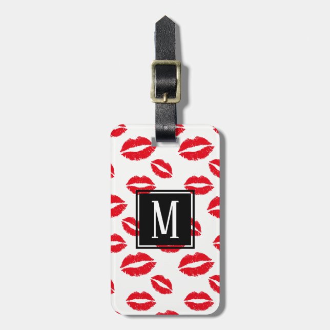 Étiquette À Bagage Motif rouge chic moderne de lèvres de monogramme (Devant Vertical)