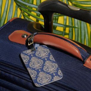 Étiquette À Bagage motif textile de style vintage bleu & blanc orné