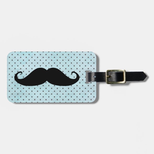 Étiquette À Bagage Moustache noire drôle sur le pois bleu turquoise (Devant horizontal)