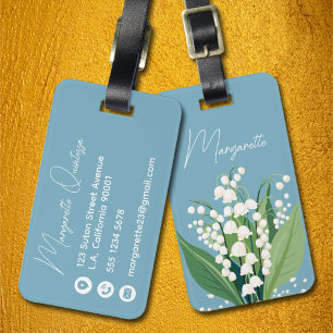 Étiquette À Bagage Muguet aquarelle bleu et blanc script