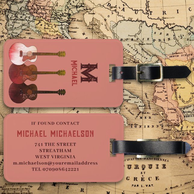 Étiquette À Bagage Musicien de guitare acoustique personnalisé (Acoustic guitar monogram country rustic custom travel luggage tag with contact details )