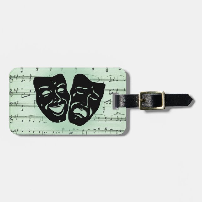 Étiquette À Bagage Musique verte et masques grecs de théâtre (Devant horizontal)