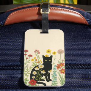 Étiquette À Bagage Nature botanique – Chat noir dans un jardin de fle
