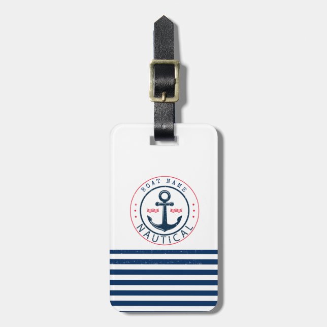 Étiquette À Bagage Nautique, Nom du bateau, Ancre Bleu de la Marine (Devant Vertical)