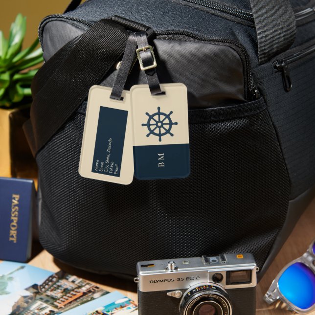 Étiquette À Bagage Navire bleu marine roue & Monogram Beige Maison cô (Recto & Verso)