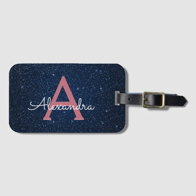 Étiquette À Bagage Navy Blue & Rose Gold Sparkle Glitter Monogram (Devant Horizontal)