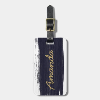 Étiquette À Bagage Navy blue white watercolor brushstrokes monogram 