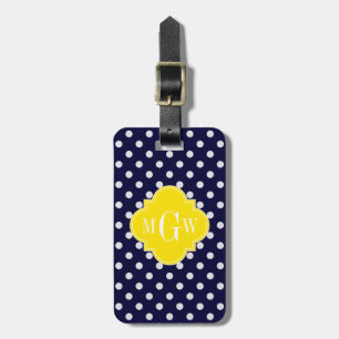 Étiquette À Bagage Navy White Polka Dots Yellow Quatrefoil 3 monogram