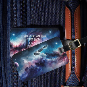 Étiquette À Bagage Nébuleuse spatiale avec fusée, planète et étoiles