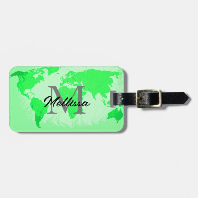 Étiquette À Bagage Neon Green World Map Monogrammes Voyageur Artistiq (Devant horizontal)