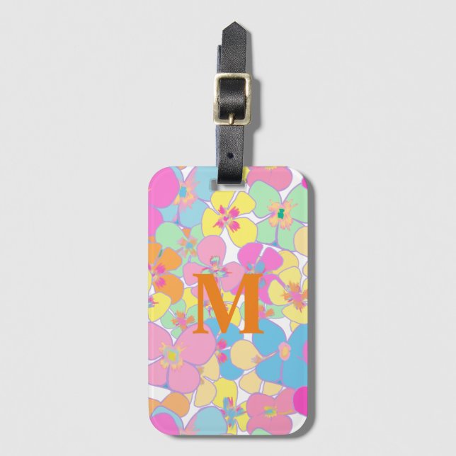 Étiquette À Bagage Neon Retro Floral Rose (Devant Vertical)