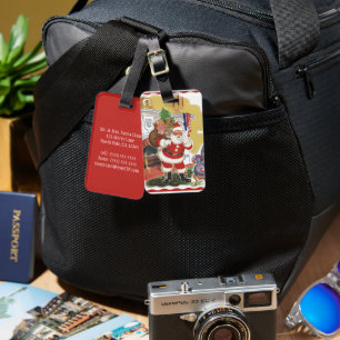 Étiquette À Bagage Noël vintage, joyeux Père Noël avec cadeaux