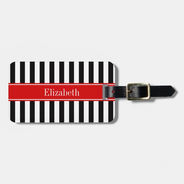 Étiquette À Bagage Noir blanc bande rouge Nom du ruban Monogramme (Devant horizontal)