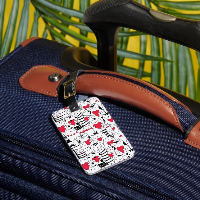 Étiquette À Bagage Noir Blanc Cute Chat Coeur Rouge (Insitu Rectoal 1)