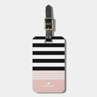 Étiquette À Bagage Noir, blanc et rose rayé Personnalisé