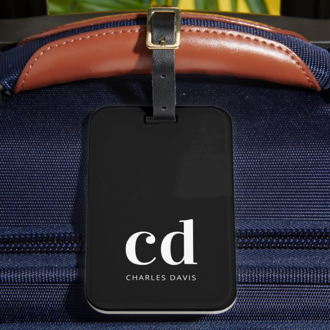 Étiquette À Bagage Noir blanc initiales monogramme élégant moderne (Insitu Rectoal 2)