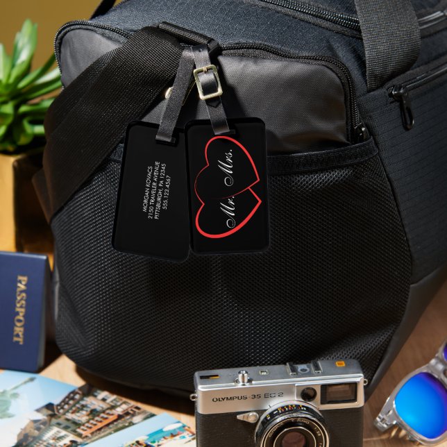 Étiquette À Bagage Noir & Blanc | M. Mme Modern Monogram (Recto & Verso)