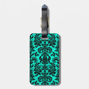 Étiquette À Bagage Noir & Bleu Vintage Damas Floral Customisé