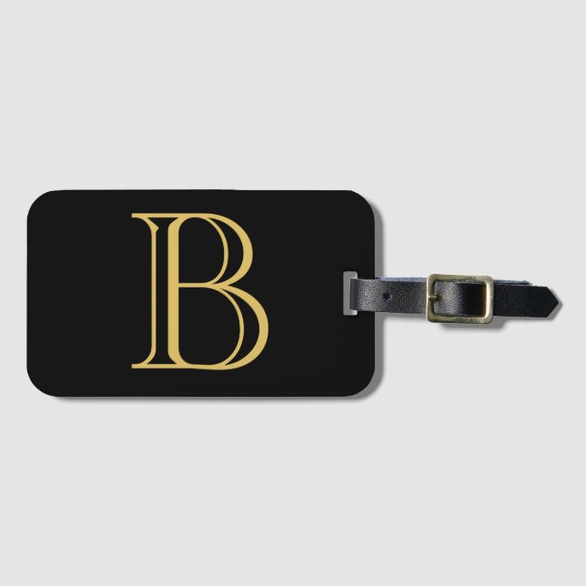 Étiquette À Bagage Noir couleur or Monogramme professionnel Calligrap (Devant Horizontal)