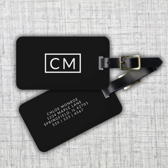 Étiquette À Bagage Noir et blanc Monogramme moderne Initiales simples (Créateur téléchargé)