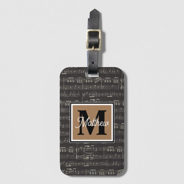 Étiquette À Bagage Noir et blanc Musique musicien Monogramme (Devant Vertical)